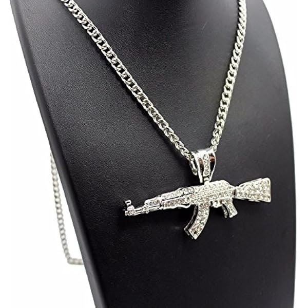 Mens ICED Out Machine Gun AK47 Chopper,Uzi Weapon, Hand Gun Pendant Box, Rope, Cuban Chain 3 Necklace Set