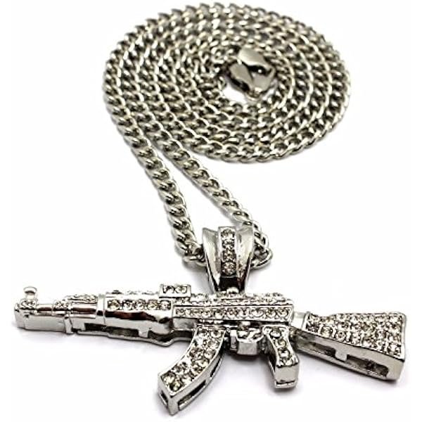 Mens ICED Out Machine Gun AK47 Chopper,Uzi Weapon, Hand Gun Pendant Box, Rope, Cuban Chain 3 Necklace Set