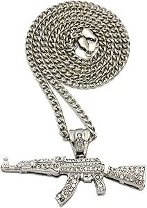 Mens ICED Out Machine Gun AK47 Chopper,Uzi Weapon, Hand Gun Pendant Box, Rope, Cuban Chain 3 Necklace Set