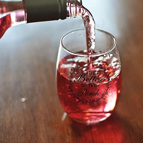Life is Better On The Porch Stemless Wine Glass 11 oz Beer Whiskey Wine Tumblers Drinking Glassware Red & White Funny Birthday Wine Glasses Gift for Wine Lover