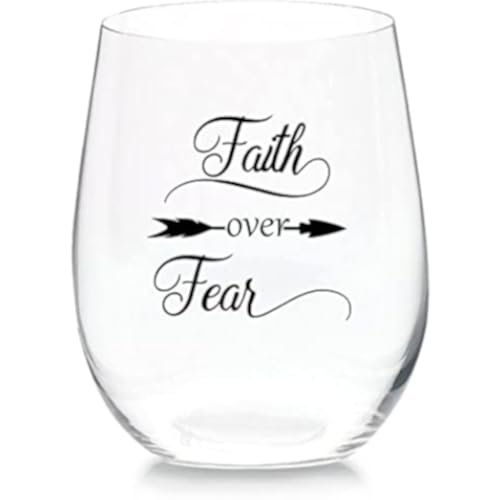 Faith Over Fear Stemless Wine Glass 11 oz Beer Whiskey Wine Tumblers Drinking Glassware Red & White Funny Birthday Wine Glasses Gift for Wine Lover