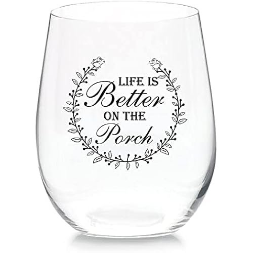 Life is Better On The Porch Stemless Wine Glass 11 oz Beer Whiskey Wine Tumblers Drinking Glassware Red & White Funny Birthday Wine Glasses Gift for Wine Lover