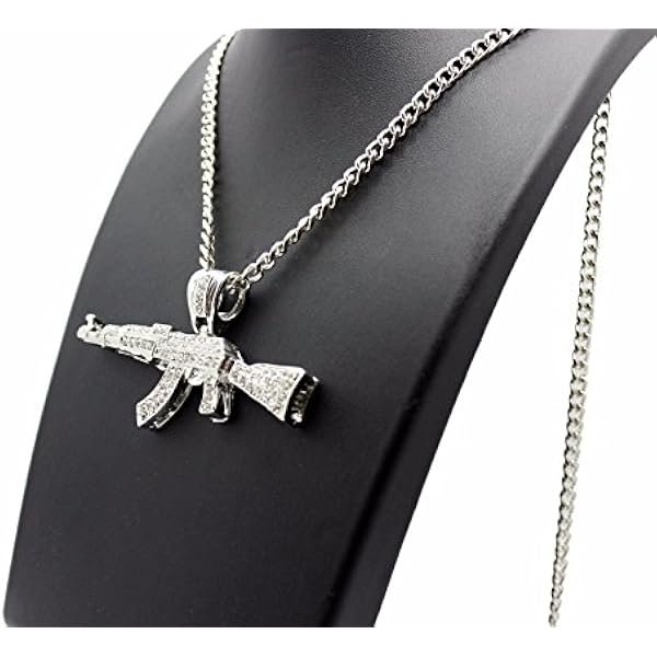 Mens ICED Out Machine Gun AK47 Chopper,Uzi Weapon, Hand Gun Pendant Box, Rope, Cuban Chain 3 Necklace Set