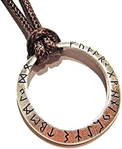 Runic Alphabet Ring Pendant on Brown Cord Choker Necklace Circle Norse Runes Viking