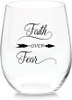 Faith Over Fear Stemless Wine Glass 11 oz Beer Whiskey Wine Tumblers Drinking Glassware Red & White Funny Birthday Wine Glasses Gift for Wine Lover