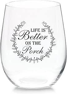 Life is Better On The Porch Stemless Wine Glass 11 oz Beer Whiskey Wine Tumblers Drinking Glassware Red & White Funny Birthday Wine Glasses Gift for Wine Lover