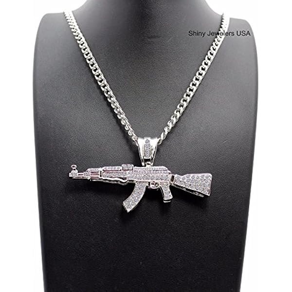 Mens ICED Out Machine Gun AK47 Chopper,Uzi Weapon, Hand Gun Pendant Box, Rope, Cuban Chain 3 Necklace Set