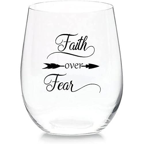 Faith Over Fear Stemless Wine Glass 11 oz Beer Whiskey Wine Tumblers Drinking Glassware Red & White Funny Birthday Wine Glasses Gift for Wine Lover