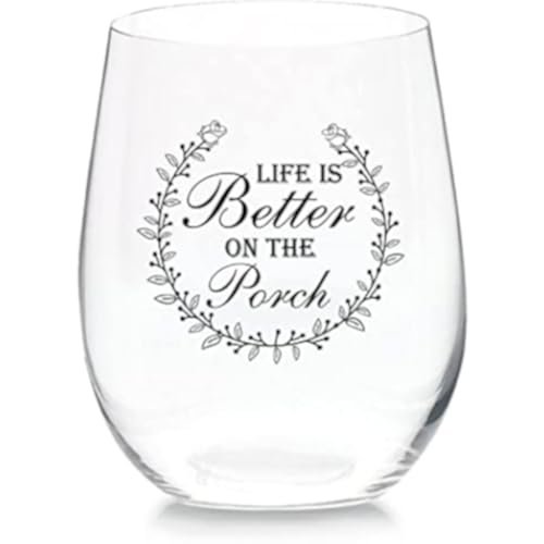 Life is Better On The Porch Stemless Wine Glass 11 oz Beer Whiskey Wine Tumblers Drinking Glassware Red & White Funny Birthday Wine Glasses Gift for Wine Lover