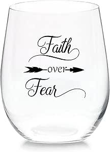 Faith Over Fear Stemless Wine Glass 11 oz Beer Whiskey Wine Tumblers Drinking Glassware Red & White Funny Birthday Wine Glasses Gift for Wine Lover