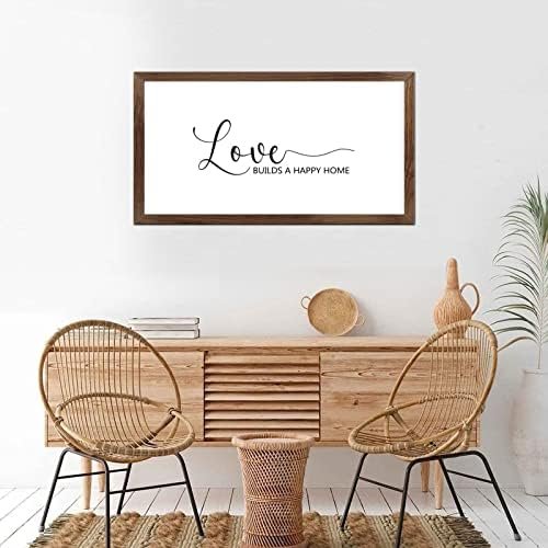 Funny Vintage Wooden Frame Sign 12x22 Inch,Love Builds A Happy Home Farmhouse Wooded Sign for Home Entrance Decor Ready to Hang Wall Art Holiday Sign Gifts